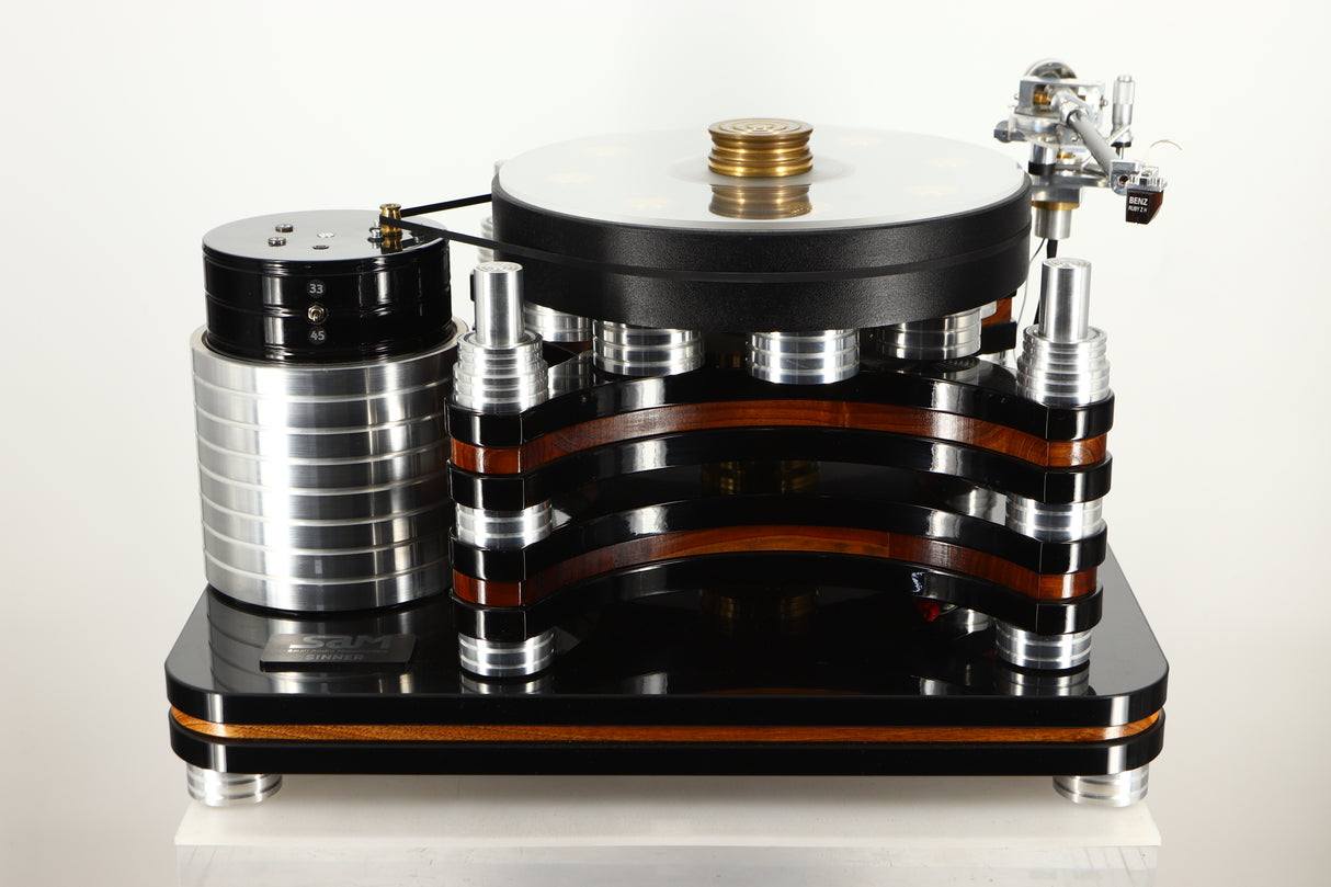 Front view of a used S.A.M. Sinner Turntable with Audiomods Series 6 Micrometer Tonearm, and Benz Ruby Z H Cartridge 