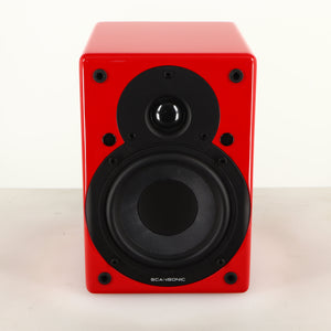 Front view of a used Scansonic S5 BT Active Bluetooth Standmount Speakers in a red finish