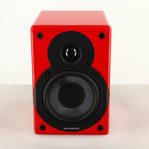 Front view of a used Scansonic S5 BT Active Bluetooth Standmount Speakers in a red finish