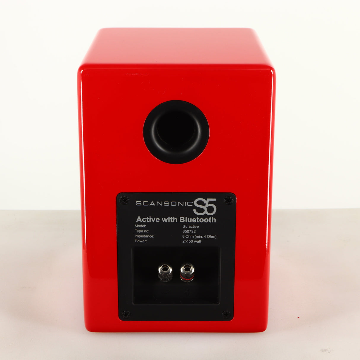 Rear view of a used Scansonic S5 BT Active Bluetooth Standmount Speakers in a red finish