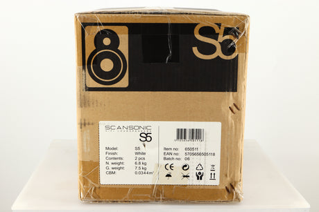 Sealed box of Scansonic S5 Standmount Speakers in White finish