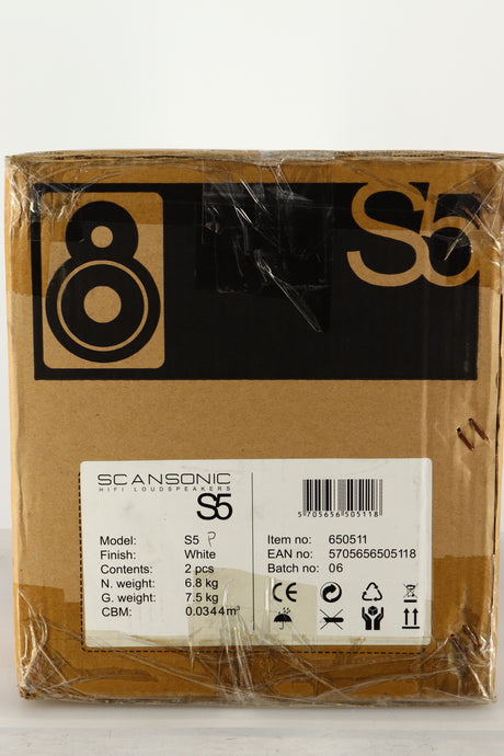 Box of an Ex Display Scansonic S5 Standmount Speakers in White finish