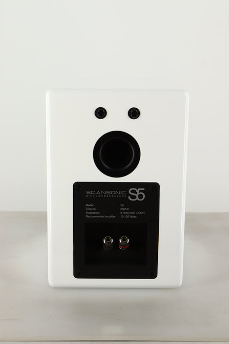 Rear view of an Ex Display Scansonic S5 Standmount Speakers in White finish