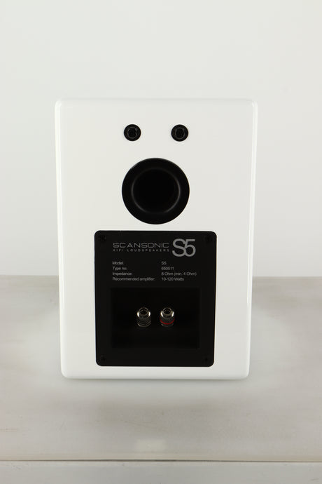 Rear view of an Ex Display Scansonic S5 Standmount Speakers in White finish