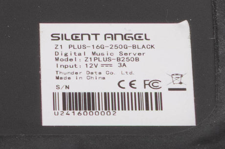 Close up of a used Silent Angel Rhein Z1 Plus Streamer in a Black finish showing serial number