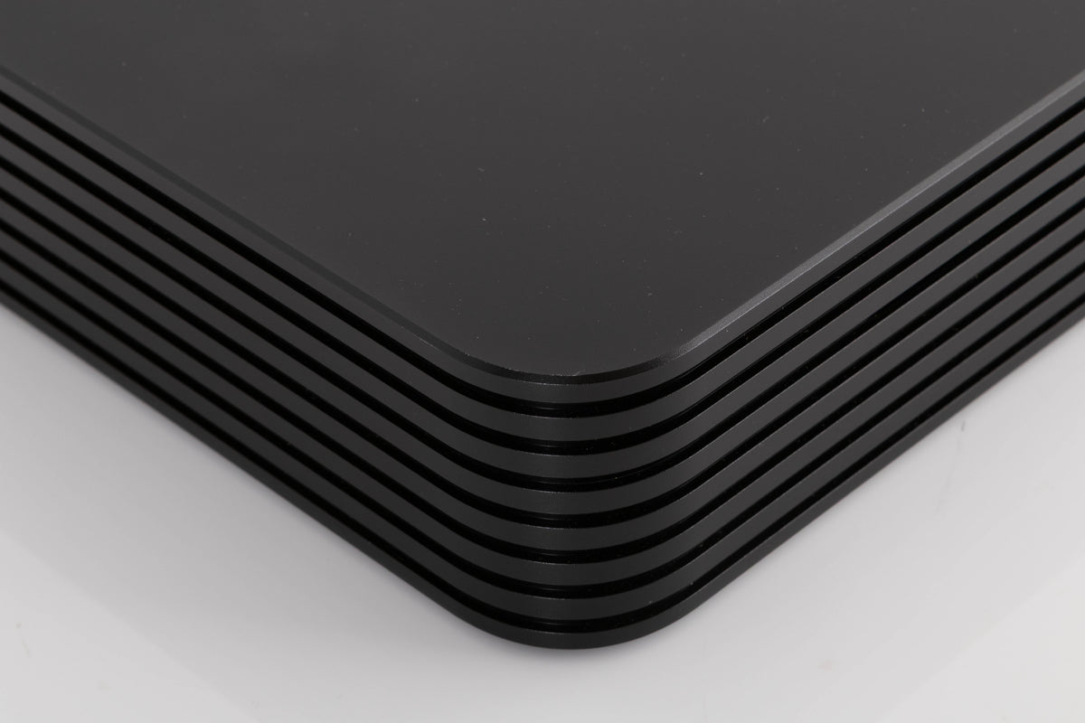 Front left corner of a used Silent Angel Rhein Z1 Plus Streamer in a Black finish