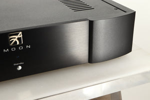 Close up view of a used Sim Audio Moon 330A Power Amplifier in Black finish