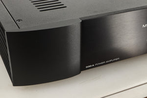 Close up view of a used Sim Audio Moon 330A Power Amplifier in Black finish