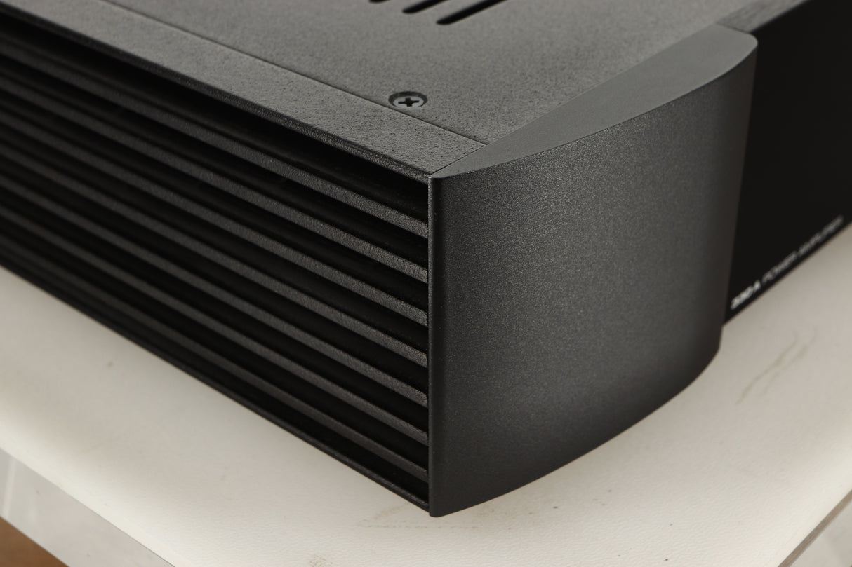 Front left corner view of a used Sim Audio Moon 330A Power Amplifier in Black finish