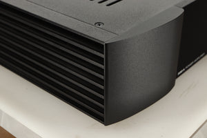 Front left corner view of a used Sim Audio Moon 330A Power Amplifier in Black finish