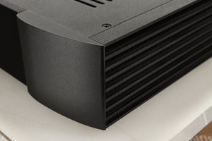 Front right corner view of a used Sim Audio Moon 330A Power Amplifier in Black finish