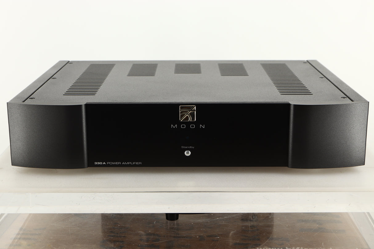Front view of a used Sim Audio Moon 330A Power Amplifier in Black finish