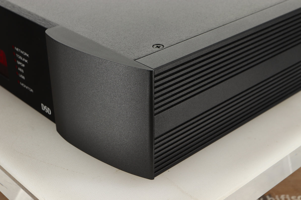 Front right corner view of a used Sim Audio Moon NEO 380D Mind 2 Streamer/DAC in Black finish