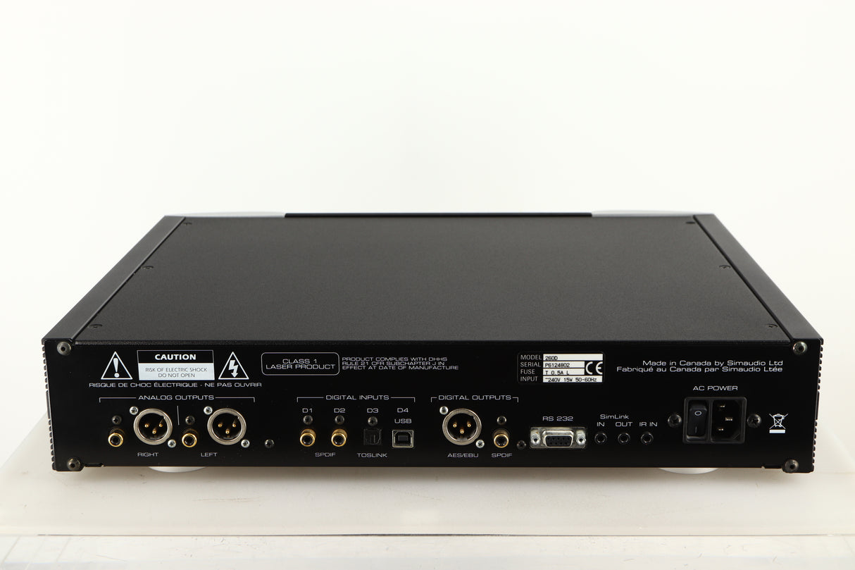 Rear view of a used Simaudio Moon 260D CD Player in a black / silver finish showing Mains Input, Optical Input, XLR Outputs and USB Input