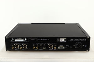 Rear view of a used Simaudio Moon 260D CD Player in a black / silver finish showing Mains Input, Optical Input, XLR Outputs and USB Input