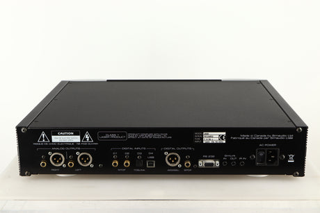 Rear view of a used Simaudio Moon 260D CD Player in a black / silver finish showing Mains Input, Optical Input, XLR Outputs and USB Input