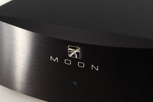 Close up of a used Simaudio Moon 310LP Phono Pre Amplifier in a black finish showing logo on fascia