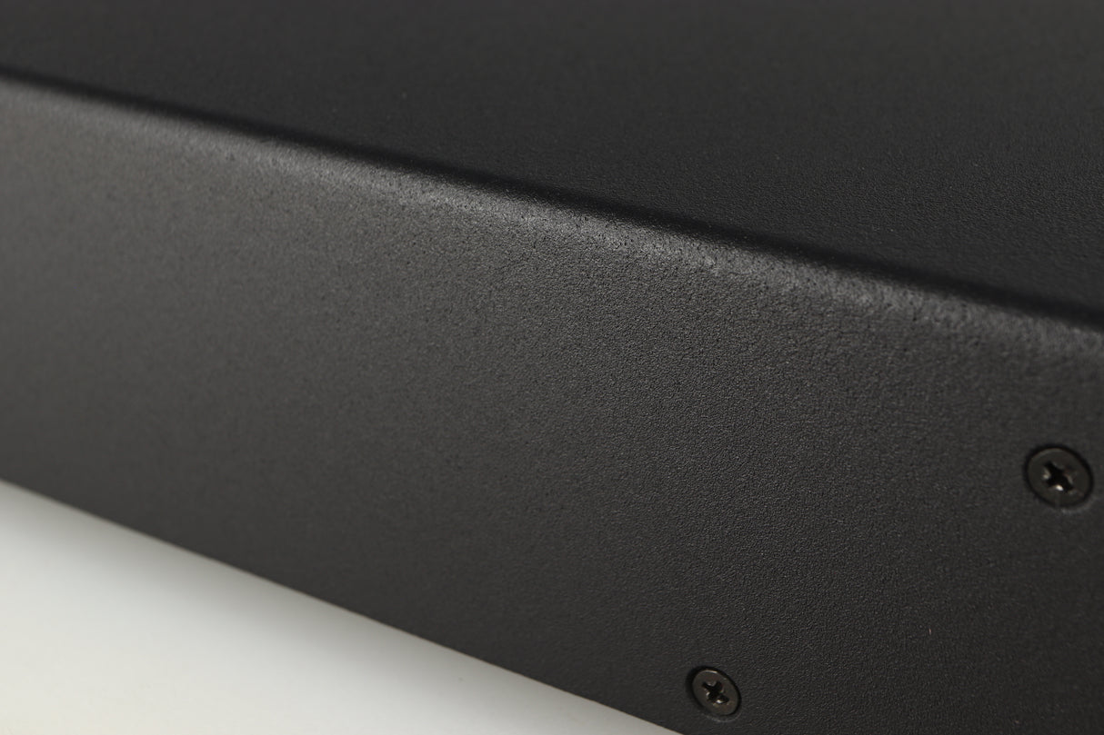 Close up of a used Simaudio Moon 310LP Phono Pre Amplifier in a black finish showing light scratch on right side