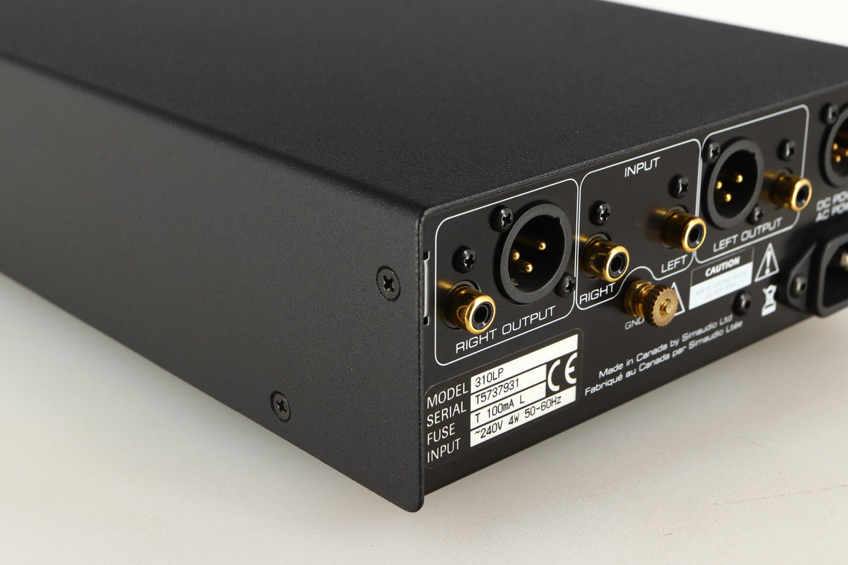 Rear right corner of a used Simaudio Moon 310LP Phono Pre Amplifier in a black finish