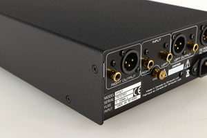 Rear right corner of a used Simaudio Moon 310LP Phono Pre Amplifier in a black finish