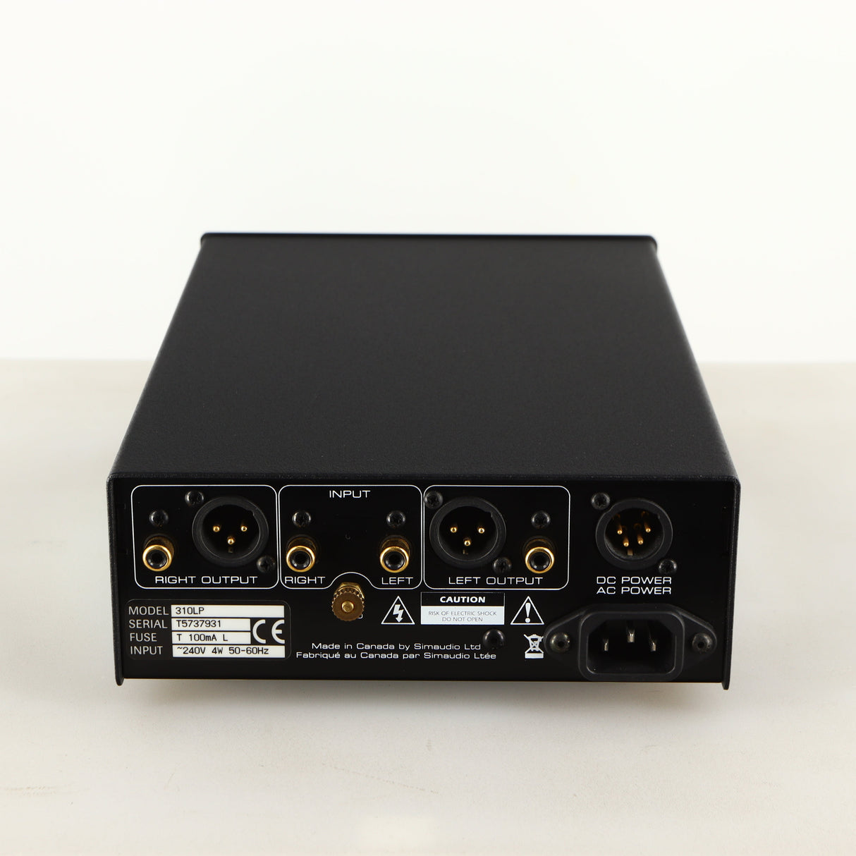 Rear view of a used Simaudio Moon 310LP Phono Pre Amplifier in a black finish showing XLR Inputs, XLR Outputs and Mains Input