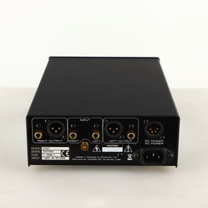 Rear view of a used Simaudio Moon 310LP Phono Pre Amplifier in a black finish showing XLR Inputs, XLR Outputs and Mains Input