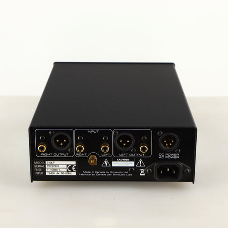 Rear view of a used Simaudio Moon 310LP Phono Pre Amplifier in a black finish showing XLR Inputs, XLR Outputs and Mains Input