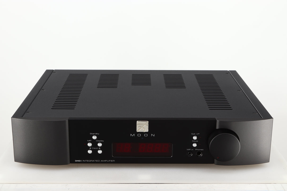 Front view of a used Simaudio Moon 340i D3PX Integrated Amplifier in a black finish