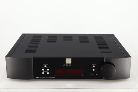 Front view of a used Simaudio Moon 340i D3PX Integrated Amplifier in a black finish