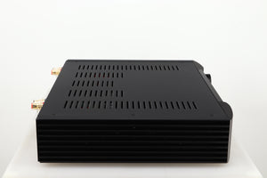 Left sideview of a used Simaudio Moon 340i D3PX Integrated Amplifier in a black finish