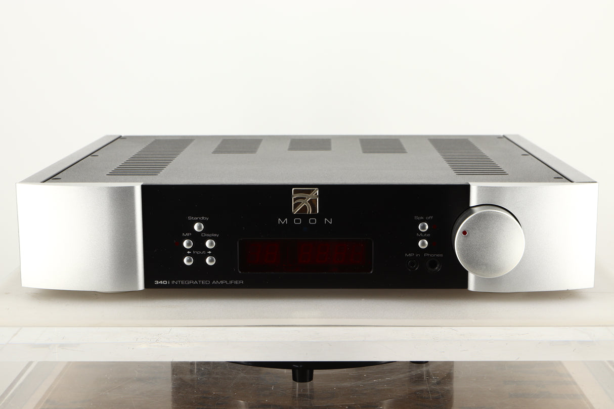 Front view of a used SimAudio Moon 340i X Integrated Amplifier in Black/Silver finish