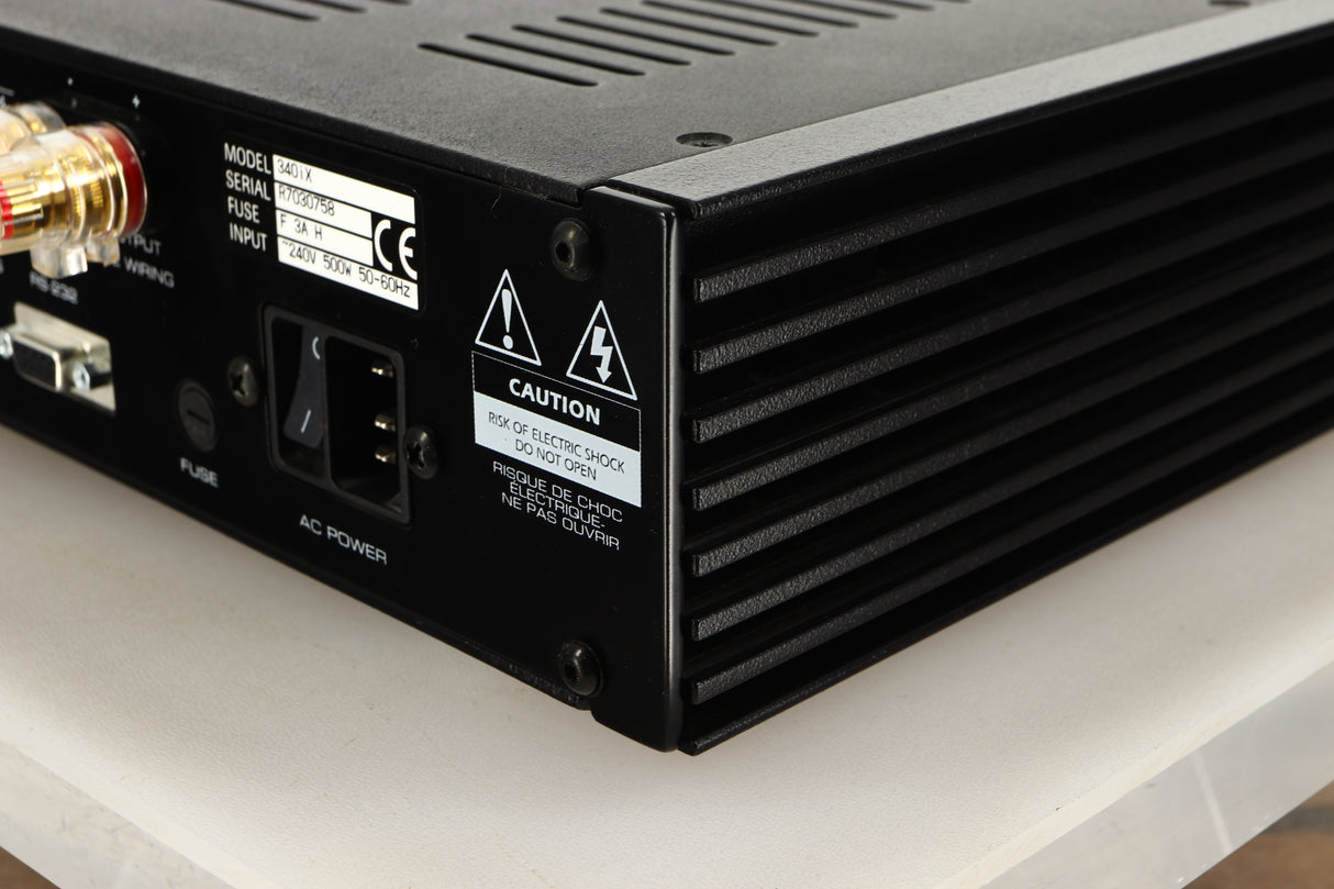 Rear right corner view of a used SimAudio Moon 340i X Integrated Amplifier in Black/Silver finish