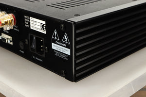 Rear right corner view of a used SimAudio Moon 340i X Integrated Amplifier in Black/Silver finish