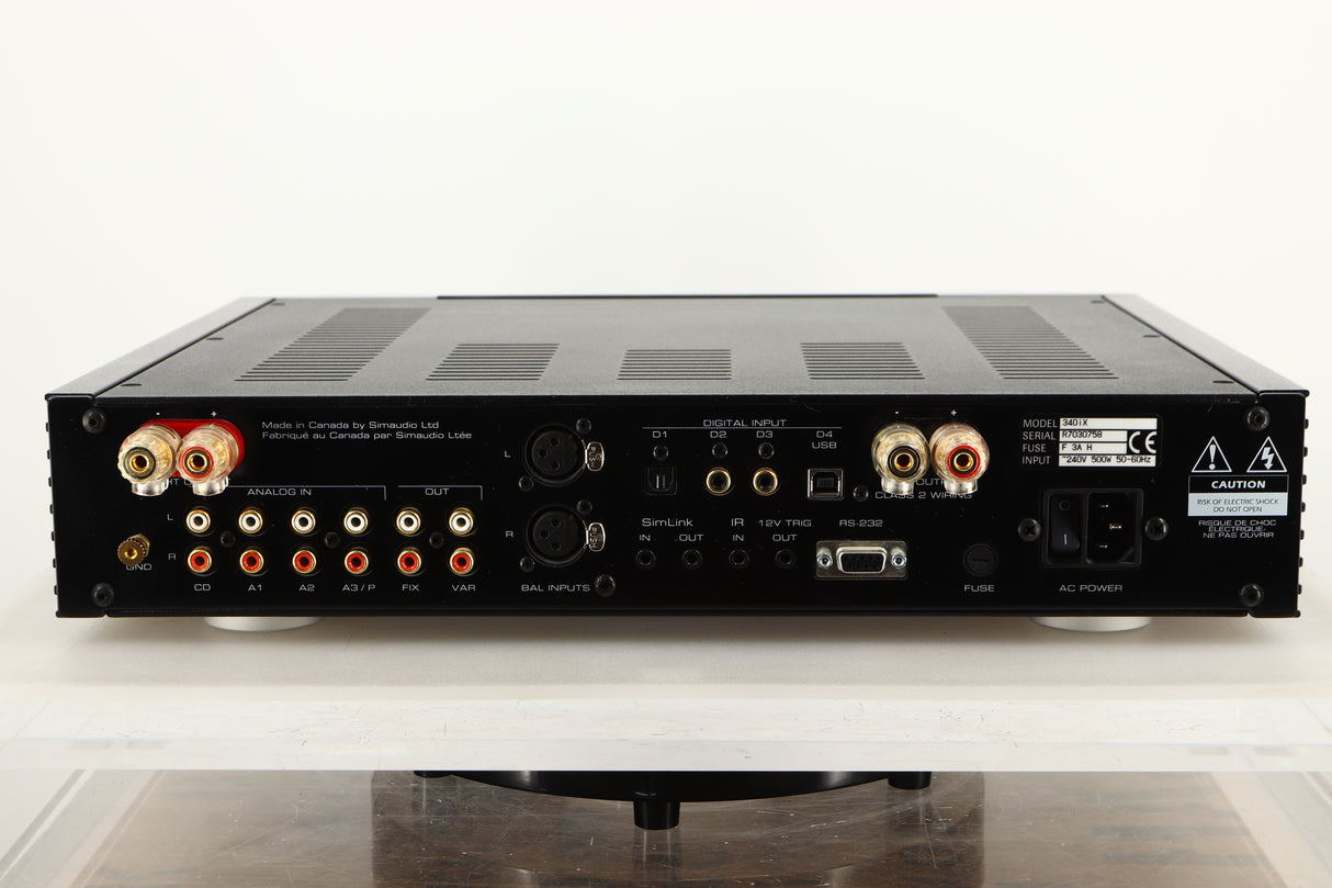 Read view of a used SimAudio Moon 340i X Integrated Amplifier in Black/Silver finish