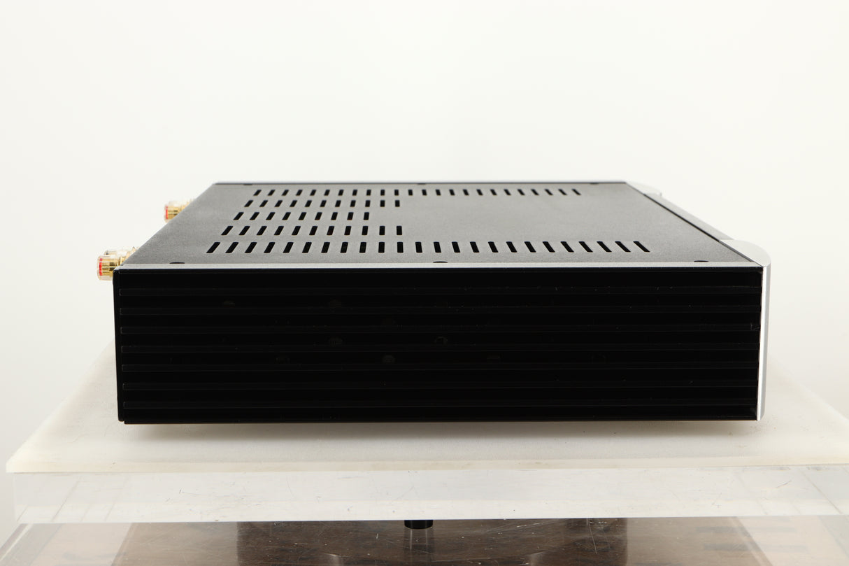 Side view of a used SimAudio Moon 340i X Integrated Amplifier in Black/Silver finish