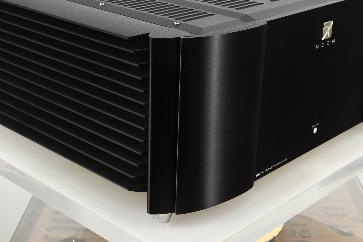 Front left corner view of a used Simaudio Moon 860A V2 Power Amplifier in black finish 