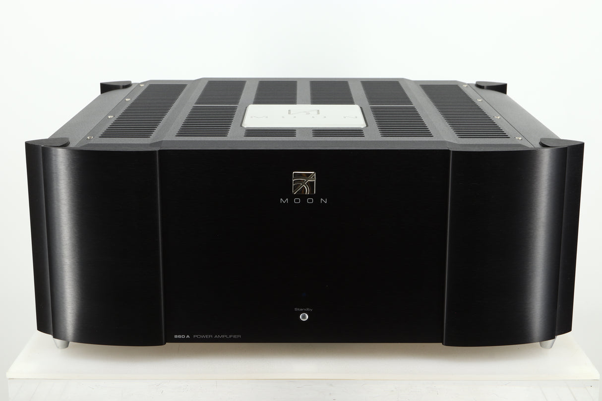 Front view of a used Simaudio Moon 860A V2 Power Amplifier in black finish 