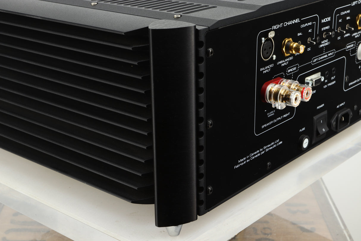 Back left corner view of a used Simaudio Moon 860A V2 Power Amplifier in black finish 
