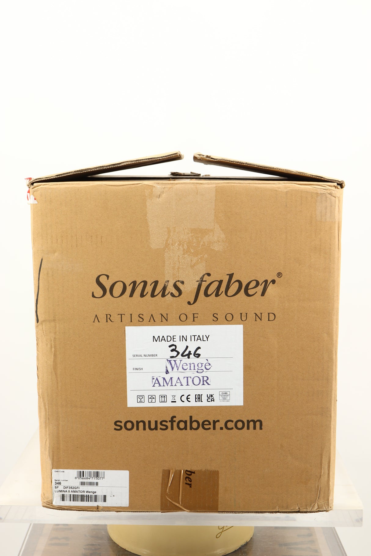 Box of a used pair of Sonus Faber Lumina II Amator Standmount Speakers in Venge finish