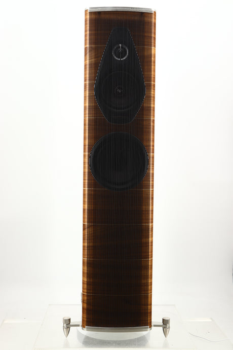 Front view of a used Sonus Faber Olympica Nova II Floorstanding Speaker in a walnut finish showing the grille