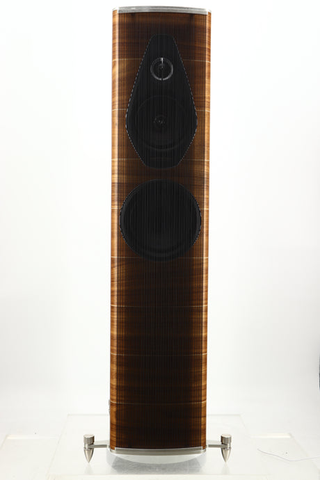 Front view of a used Sonus Faber Olympica Nova II Floorstanding Speaker in a walnut finish showing the grille
