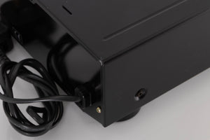 Rear left corner of a used Sony CDP-XE330 CD Player in a Black finish