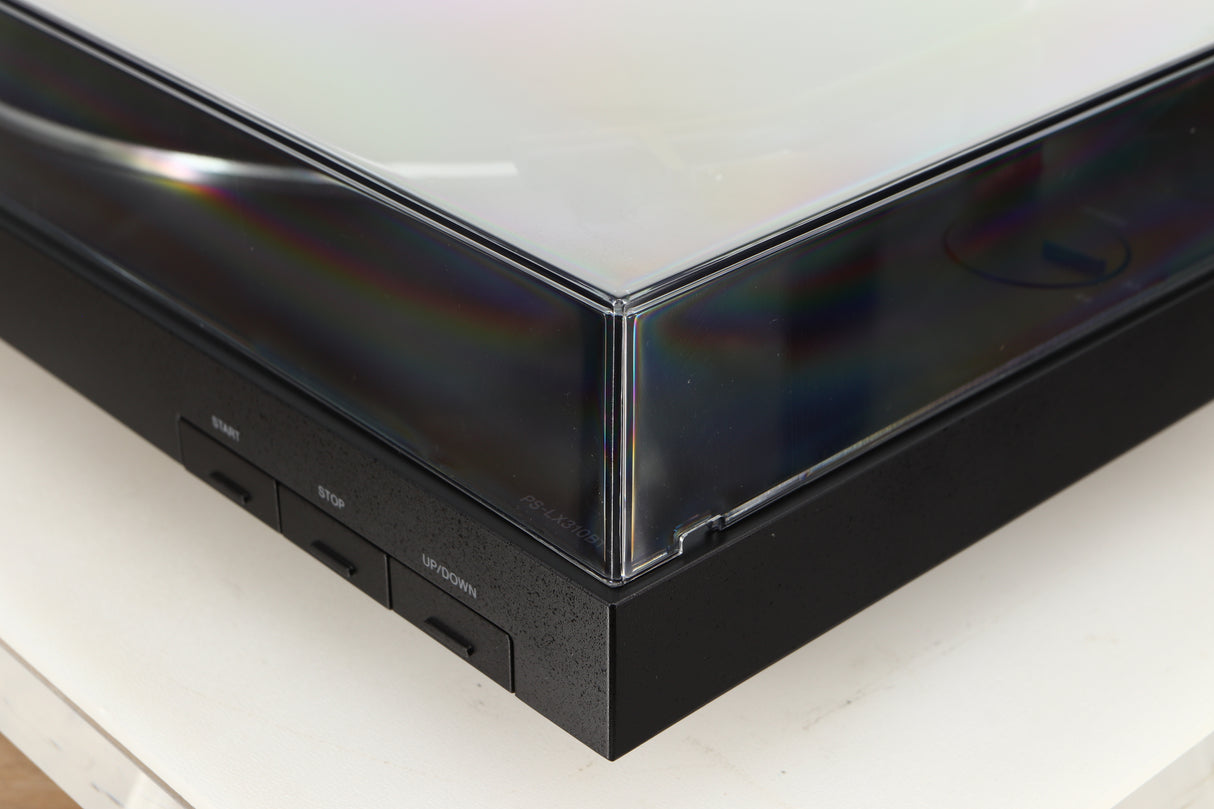 Front right corner of a used Sony PS-X301BT/C Turntable in a black finish