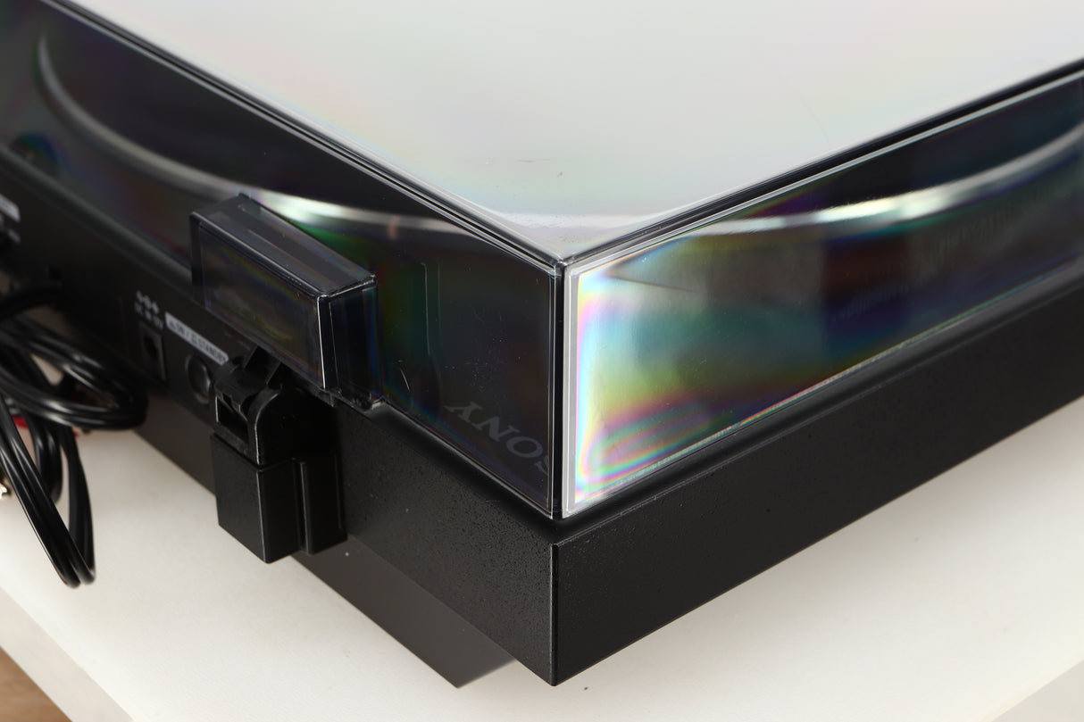 Rear left corner of a used Sony PS-X301BT/C Turntable in a black finish