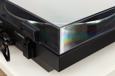 Rear left corner of a used Sony PS-X301BT/C Turntable in a black finish
