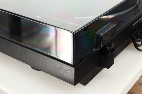 Rear right corner of a used Sony PS-X301BT/C Turntable in a black finish