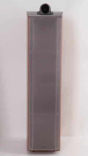 Front view of a used Sony SS-X90ED Floorstanding Speaker in a Silver / Cherry finish showing Grille