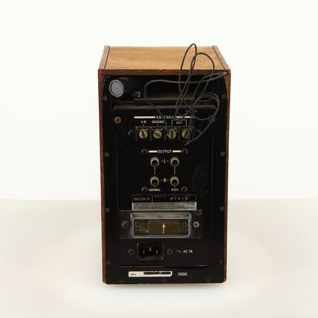 Rear view of a used Sony ST-88 Tuner in an oak finish showing Mains Input and Phono Outputs