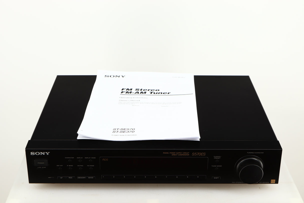 Top of a used Sony ST-S570ES FM/AM Tuner in a black finish showing Manual
