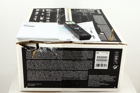 Box for a used Sony STR-DN1080 AV Receiver in a black finish showing Adaptor, Remote and Manual